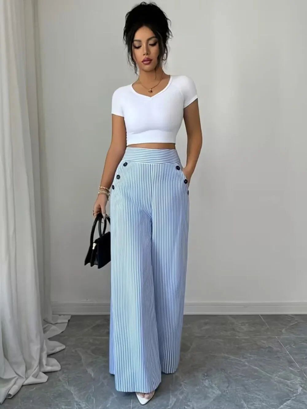 NWT Striped Wide Leg Pants High Waist Nautical Sailor Button Trousers - Picture 6 of 9